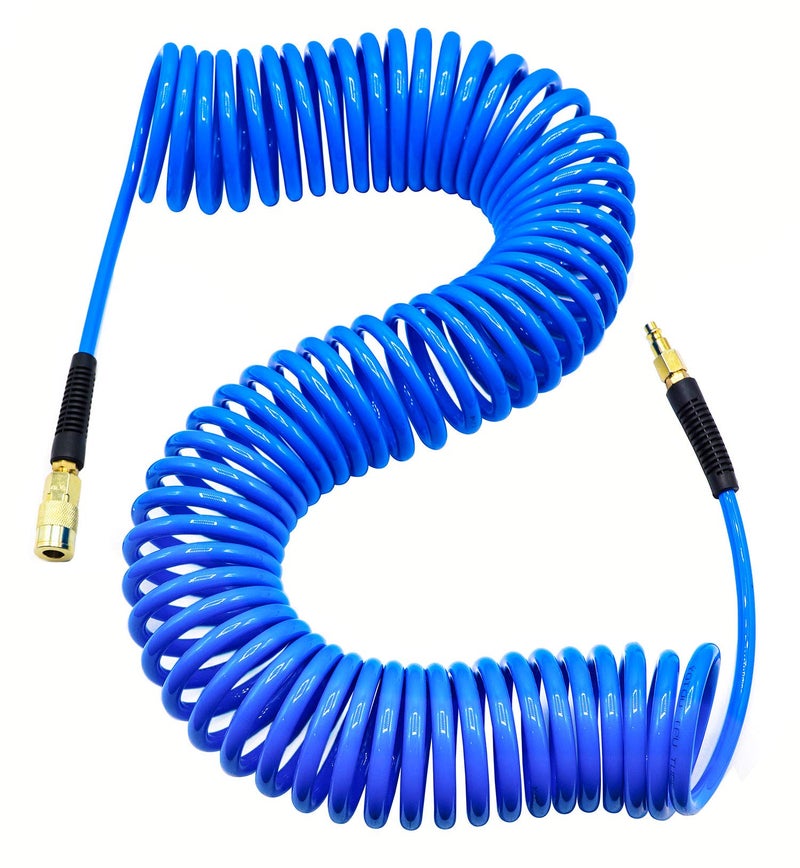 YOTOO Polyurethane Recoil Air Hose, Air Compressor Hose 1/4" Inner Diameter by 50' Long with Bend Restrictor, 1/4" Industrial Quick Coupler and Plug, Blue - Image 1